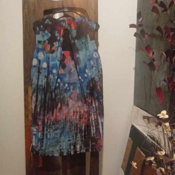 Everly Colorful Blue Red Abstract Watercolor Dress Size S - Picture 1 of 5